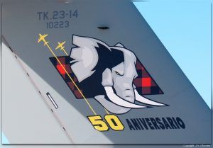 Decoración especial con motivo del 50 aniversario del Ala 31 del Ejército del Aire. Airbus A400M TK.23-14 31-34. Base Aérea de Zaragoza, 2 de mayo de 2023.