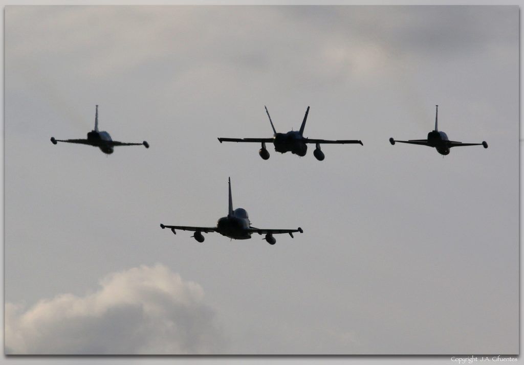 Formación mixta de dos F-5M del Ala 23, un F-18 del Ala 15 y un Eurofighter del Ala 11.